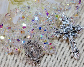 Catholic Large Bead Swarovski Crystal AB Rosary in Silver