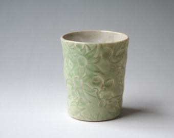 Small beaker with Australian Flannel Flower design - Pale green ceramic cup