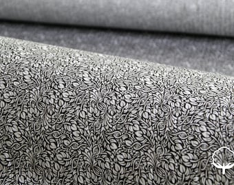 Printed cotton fabric, branches and leaves, grey and black