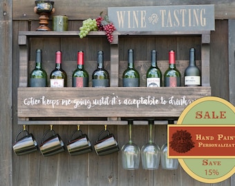 Spring Sale- Coffe Bar, Wine Rack, Wall Mounted, Coffee Mug Rack, Rustic Wine Rack, Coffee Wine Rack, Personalized Wine Rack, Wedding Gift