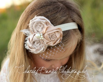 The Amelia Vintage Rosette Headband - Satin Rosette Flower Headband, with pearls, rhinestones, birdcage netting embellishments