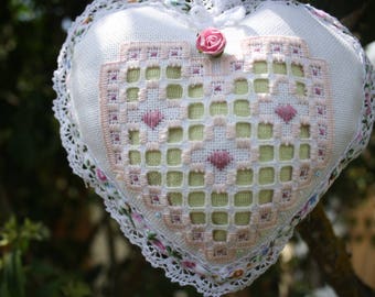 Heart hand embroidered white Hardanger fabric and lime green linen
