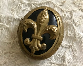 Fleur de Lis Antique Brass Enamel Pill Box