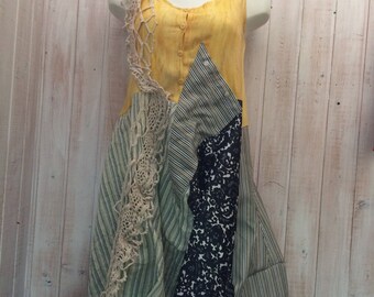 Dress up cycled clothing, boho, Bohemian, Gypsy, loose fitting sleeveless dress made with shirt and knit by Lilisoleil
