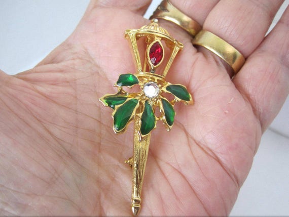 Christmas Lantern Brooch, Red Rhinestone, Green Enamel Leaves - Lapel Pin