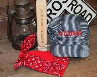 PERSONALIZED Train Hat, Bandana, Wood Train Whistle; Train Costume, Train Birthday, Train Birthday, Train Engineer, Train Conductor