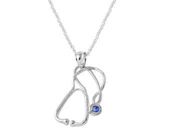 Stethoscope Necklace in Sterling Silver with Swarovski crystal, Birthstone Necklace, Birthstone Jewelry, Graduation Gift, Custom Necklace .