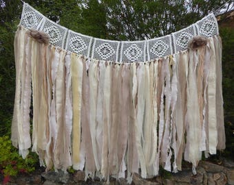 Shabby chic natural fabric garland, fabric banner, tattered photo backdrop, window swag