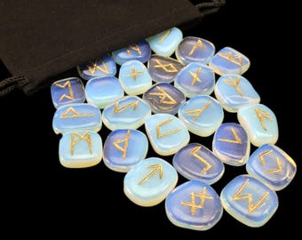 Opalite Elder Futhark Rune Set Hand Carved Gemstone Runic