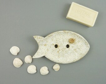 fish soap dish ceramic, white ceramic soap dish with drain, soap holder, draining soap dish