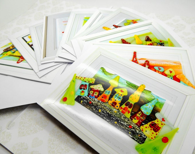 Pack of Serdinya Higgledy Village frameable greetings cards. Original artwork. Gift idea for her him. Handmade small gifts. Fused glass art.