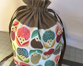 LARGE HEDGEHOG print large fully-lined cotton drawstring knitting project bag