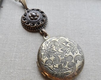 Antique Button, Locket Necklace, Flower Design, Steel Cut, Antique Brass, Victorian, Timeless Trinkets