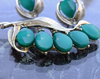 Teal Moonglow Brooch and Earrings Set - signed STAR ca. 1950s,, Vintage Jewelry Sets