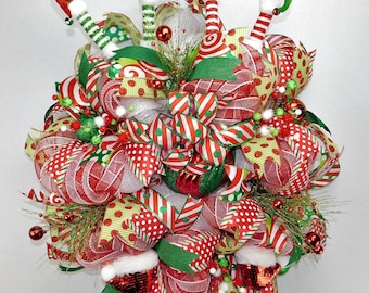 29" Deco mesh wreath red white and green wreath Elf wreath Christmas elf wreath Holiday wreath