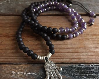 108 Bead Spiritual Junkies Black Sandalwood, Amethyst + Hamsa Pendant Yoga and Meditation Mini Mala (6 mm)