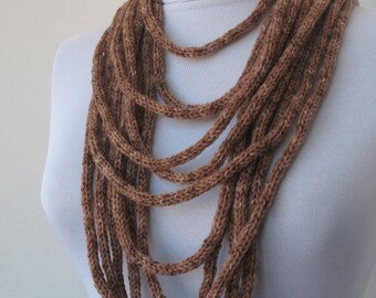 20% OFF SALE - Knit Scarf Necklace, Multi strand necklace,Loop Infinity scarf,Hand Knitted scarflette, in taupe brown E141