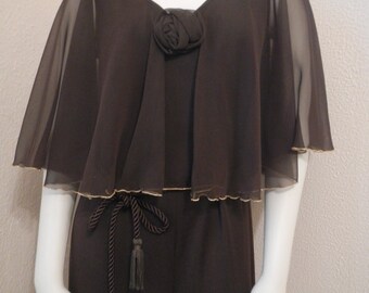 Vintage Chiffon and Polyester Chocolate and Gold Evening Jumpsuit Romper with Braided Tassel Belt