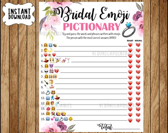 Bridal Shower Game Pictionary, EMOJI Pictionary, Coral and Gold, Instant Printable Digital Download, diy Bridal Shower Printables