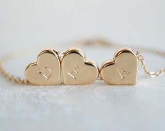 Personalised 3 Heart Gold Bracelet, Custom Best Friend, Mother Daughter, Bridesmaids, Wedding Gift, Delicate Jewelry, Hand Stamped, Sister