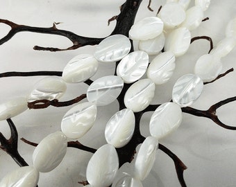 Full Strand 9x6mm White Mother of Pearl Leaf Beads White MOP Two-Sided Leaf Beads