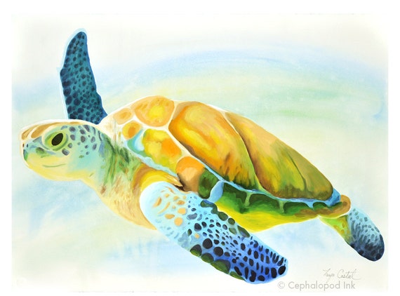 Sea Turtle Watercolor Art Print 8x10