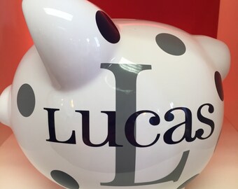 Personalized Piggy Bank-Piggy Bank-piggy bank for boys-Monogrammed Piggy Bank- Custom piggy bank-BoysPiggy Bank-boys piggybank navy/grayLuca