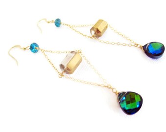 Vintage Swarovski Crystal Earrings Vintage Crystal Bead Jewel Tones Long Colorful Earrings Statement Earrings Fall Winter Gift Idea For Her