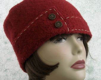Womens Winter Hat Cranberry Red Wool Brimmed With Tan Saddle Stitch Trim Chemo Hair Loss Hat Head Size 21-23 Inch