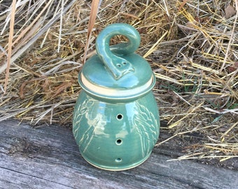 Wheat Garlic Jar in Leaf Green Handmade Pottery by Daisy Friesen