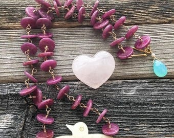 Carved Eagle Necklace | Natural Raw Ruby | Aqua Chalcedony | 24K Gold Vermeil | Bohemian | Gemstone | July Birthstone