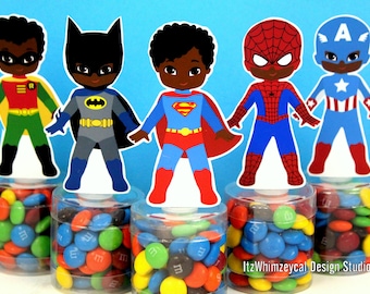 African American Boy Superhero Birthday Party Favor / Super Hero Gifts / Candy Container / Candy Buffet / Party Favor Boxes / Kids Favors