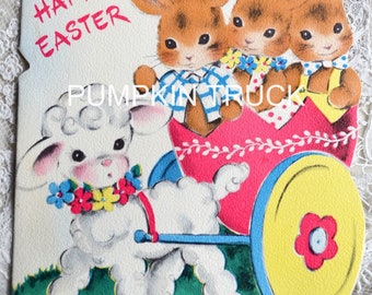 Vintage Easter Card - Lamb Pulling Bunnies Egg Wagon - Used