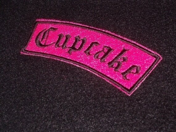 OldEnglish Cupcake or Name Patch embroidery on pink felt with black stitches