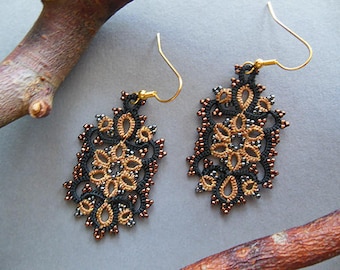 Tatting earrings, tatted lace jewelry, lace earrings, gift for her, vintage style jewelry, black, brown,