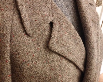 Vintage, Retro, 1950s, Harris Tweed, Scotland, Handwoven, Wool, Gray, Tan, Red, Aqua, Long, Men's Coat, Size 42