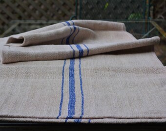 Vintage European Grain Sack with three blue stripes, Farmhouse Decor, Country French Style, Vintage Upholstery Fabric