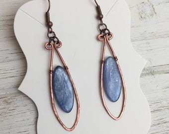 Blue Kyanite Earrings / Hammered Copper