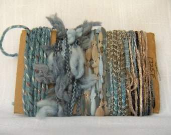 Fiber Art Yarn Scrap Bundle Blue Beige Weaving Supplies 1725