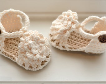 Baby Sandals, Crochet Baby Girl Sandals, Cream Flower Sandals, Simply Summer Sandals, Gift