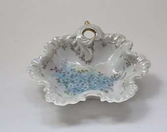 Vintage Scalloped Hand Painted Trinket/Candy Dish in Blue and White with Gold Accents, Floral, Decorative Tray