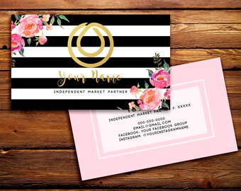 Monat Business Cards Buyer Cards || Custom Monat Hair Care Black Striped Watercolor Florals