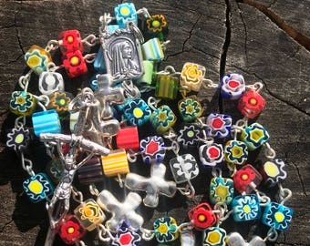 Catholic Rosary. Square Rosary. Millefiori glass beads. Prayer beads. Rosary beads. Rosary necklace. Colorful Rosary. Strong Rosary. Rosary