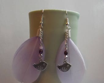 Purple Indian earrings - bird feather with silver bird (220816 D)