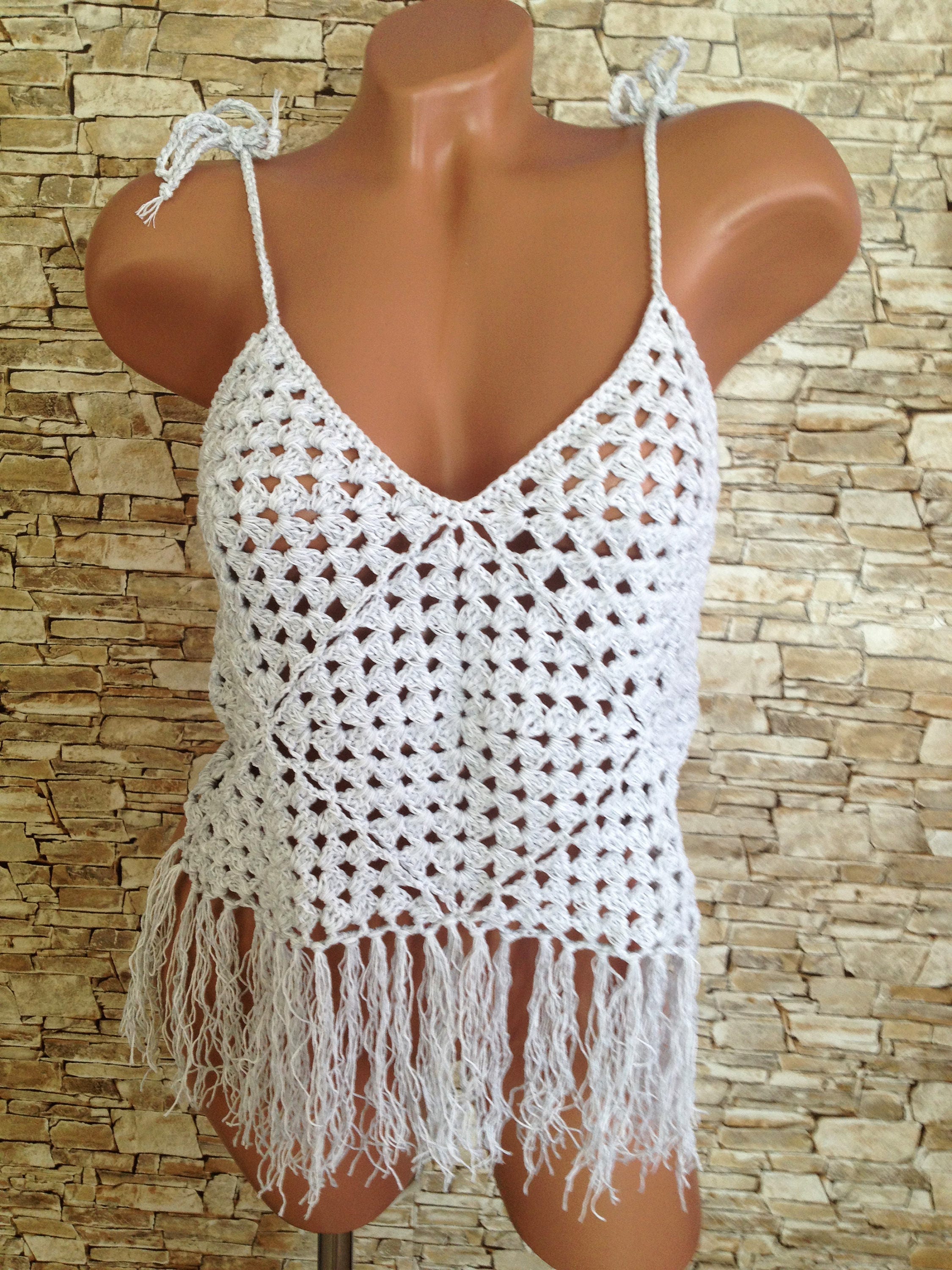 Grey white crochet top/ Crochet fringe top/ Granny square