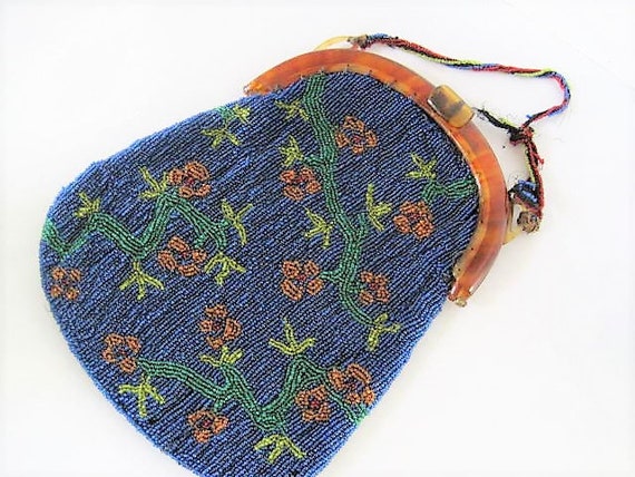 Hand Beaded Purse, Antique 20's, Blue Floral Beaded, Tortoiseshell Frame