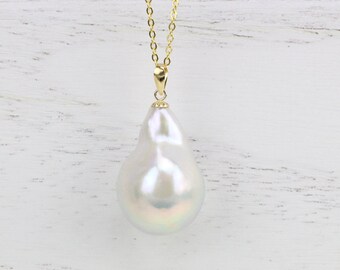 Large baroque pearl pendant,white huge jumbo flameball pearl pendant necklace,big fireball pearl necklace,single baroque pearl pendant gift