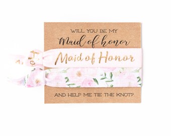 Will You Be My Maid of Honor Hair Tie Gift | Blush Pink White + Gold Hair Tie Bridesmaid Gift, Vintage Floral Bridesmaid Proposal Card Gift