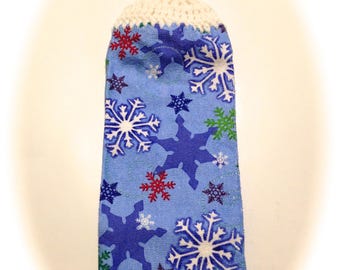 Blue Snowflake Hand Towel With White Crocheted Top