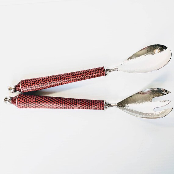 Salad servers hand painted metal and wood salad servers red black and silver salad server set